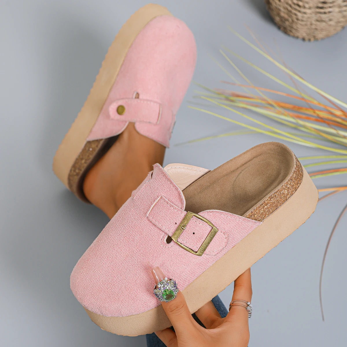 Soft Soled Home Shoes Suede Clogs Sandals Spring and Autumn Retro Fashion Women Shoes Thick-Soled Solid Color Slingback Shoes Zpaxo Pink 35