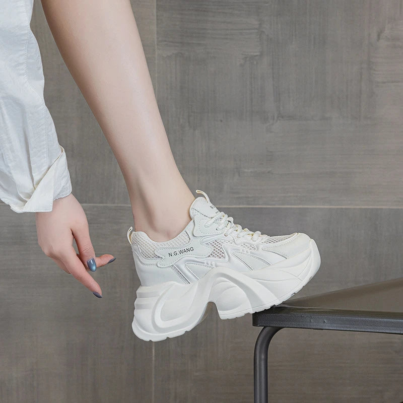 Womens White Mesh Platform Sneakers Casual Lace Up Thick Bottom Sport Zpaxo