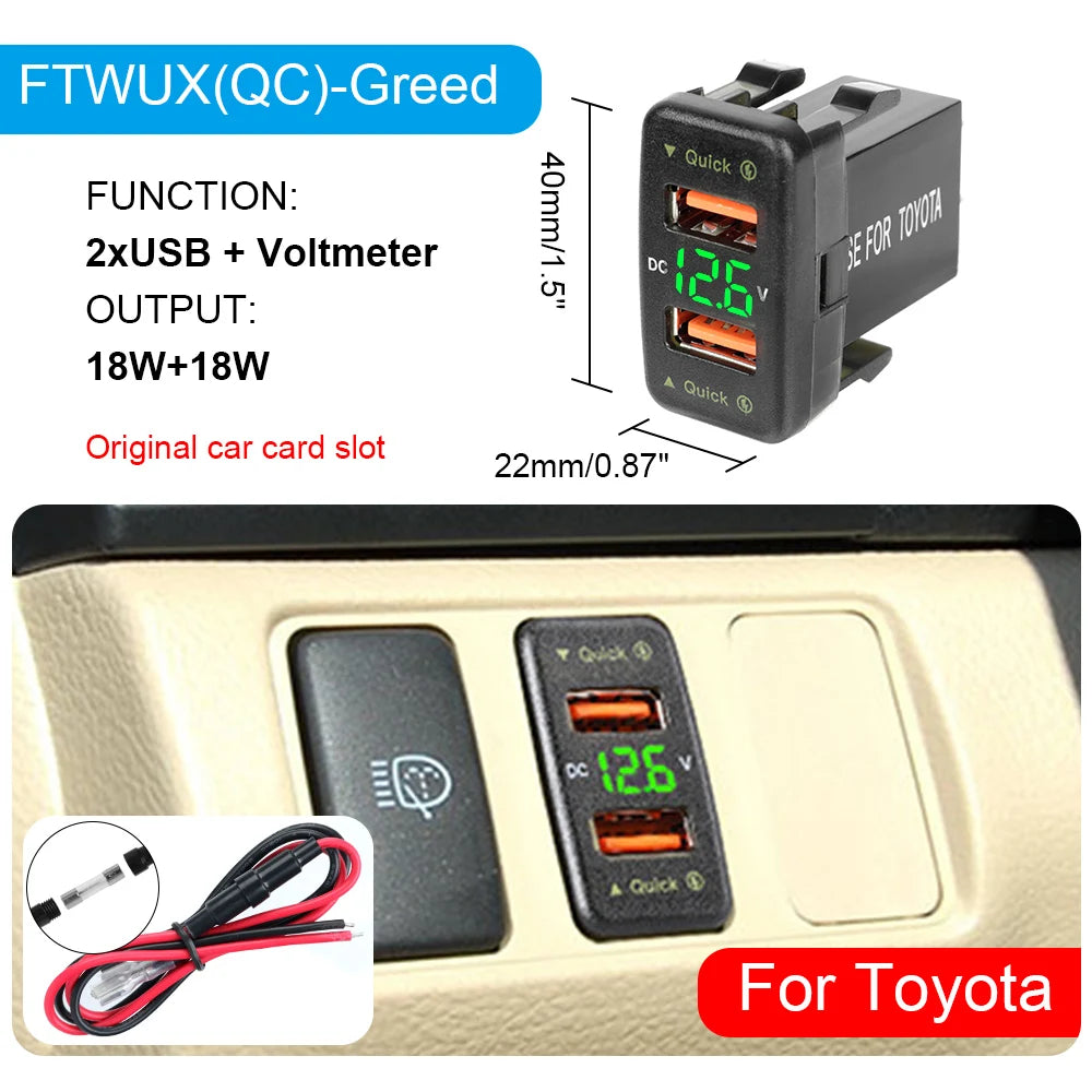 QC 3.0 USB Charger For Toyota Corolla Yaris RAV4 Car Power Adapter Socket Fuse LED Indicator Voltmeter Test Interior Accessories Zpaxo FTWUX(QC) Green