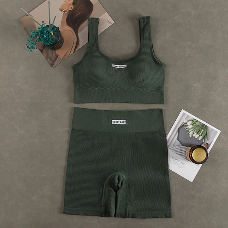 Women Seamless Yoga Set Fitness Workout Suits Sport Bra High Waist Leggings Sexy Deep-V Gym Clothing 2024 New Sportswear Zpaxo army green Uniform size