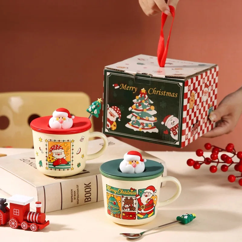 Christmas-themed Ceramic Coffee Cups Mugs LIDS Spoons Holiday Boxes
