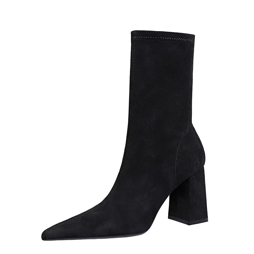 43 Thick Heel Ladies Work Boots Black Flock Sexy Slim Slip-on Ankle Zpaxo