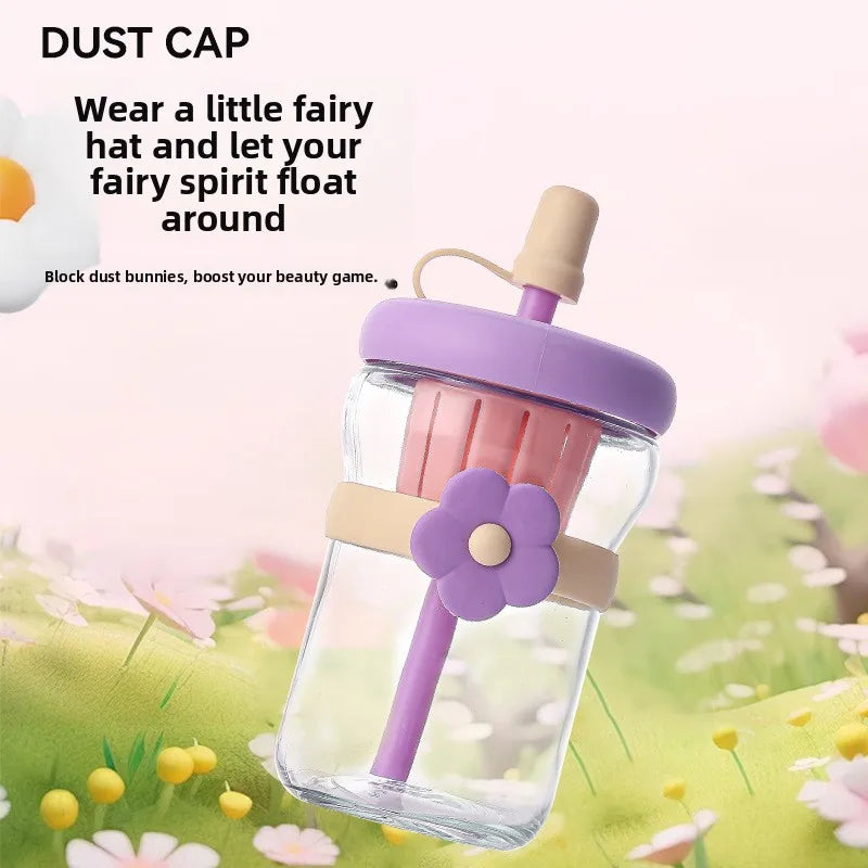 Glass Flower Cartoon Tea Strainer Cold Brew Straw Tumbler Leak-proof