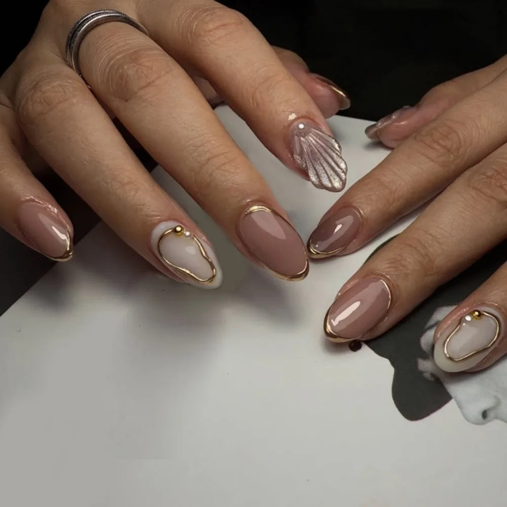 Manicure Long Almond False Nails French White Edge Fake Aurora Flower Zpaxo JP3787