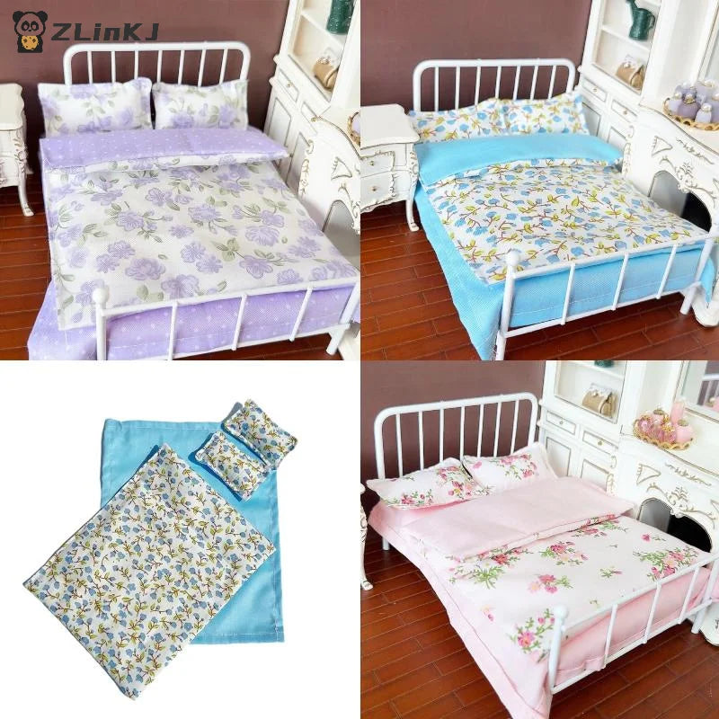 ▶1/12 Dollhouse Miniature Bed Four Piece Bed Set Bed Sheet Quilt Pillow Quilt Cover Bedding Set Doll Bedroom Decoration Toy Zpaxo