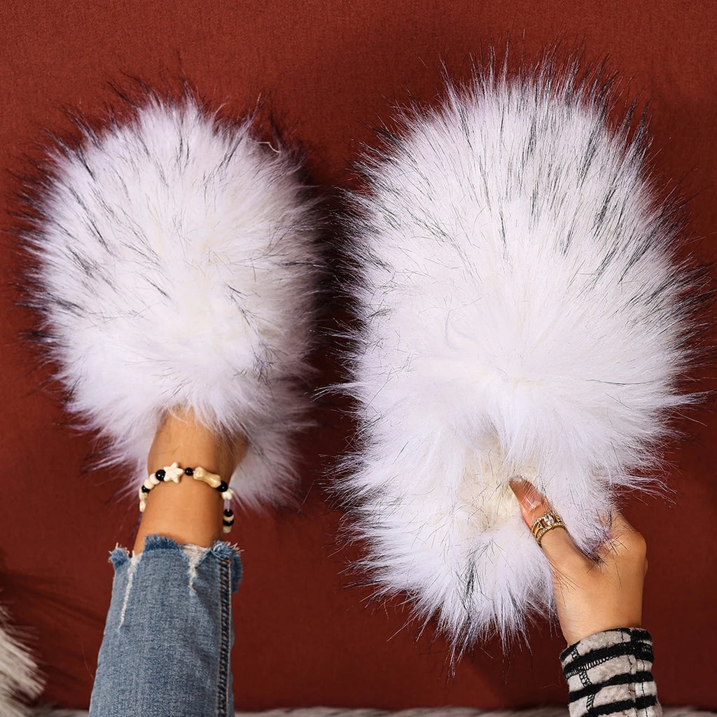 Winter Luxury Outdoor Anti Slip Slippers Women Soft Flat Bottom Slides Women Fashion Fur Slippers Fluffy Cute Plush Women Shoes Zpaxo