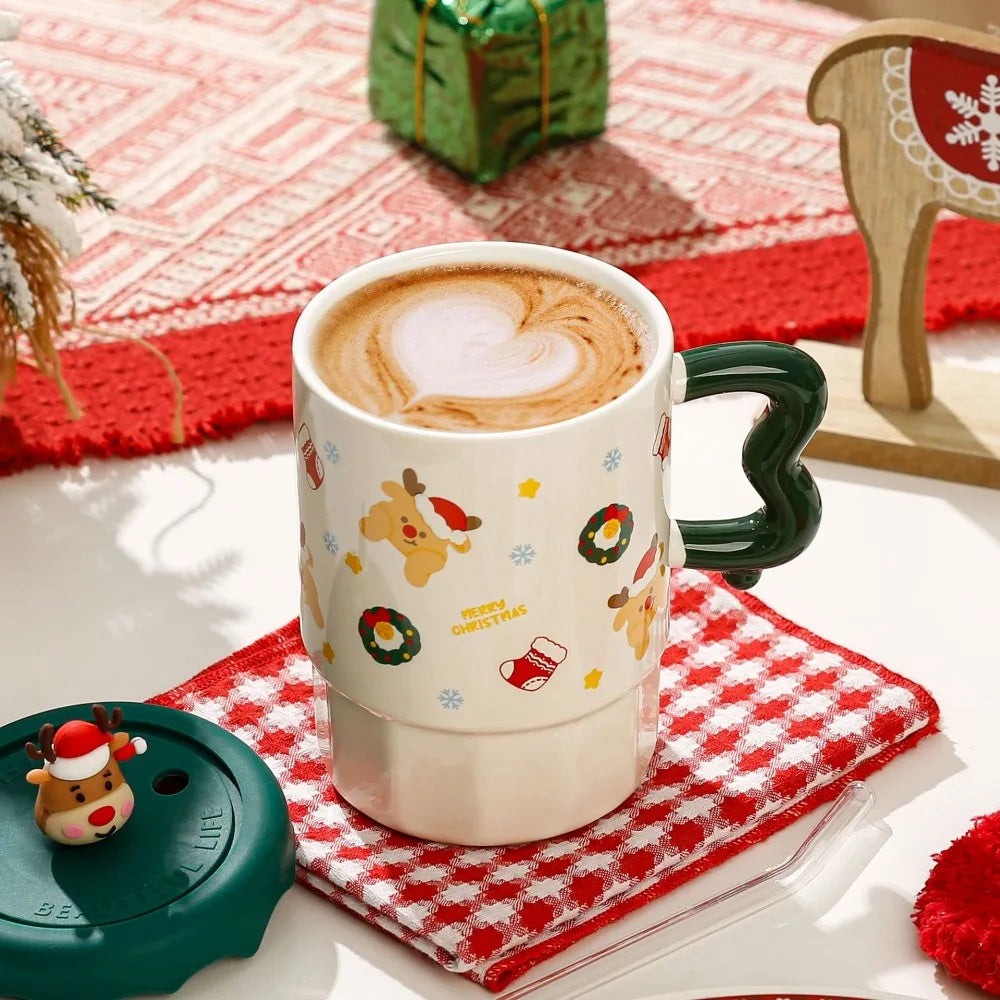 Cute Christmas Mug Lid Spoon Appearance Level Santa Claus Reindeer