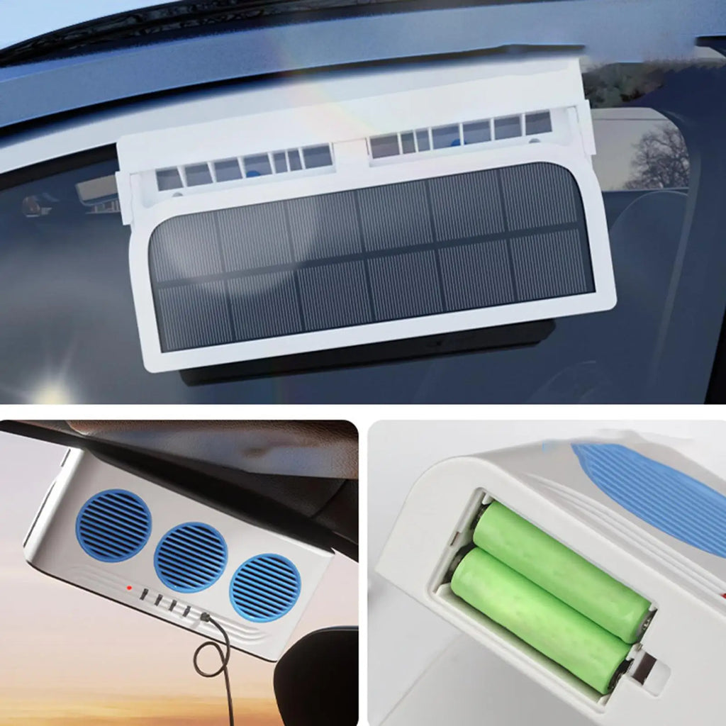 Solar Car Fan Air Purifier 3 Outlets Exhaust Cooling Ventilator Light