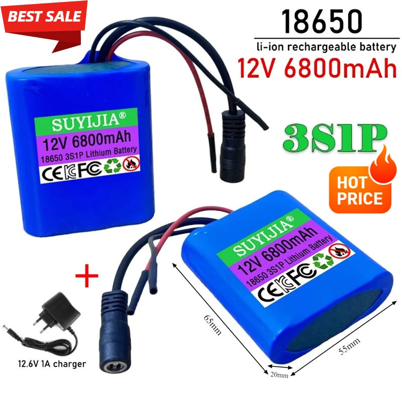 Upgraded 3S1P 12V 6800mAh Battery Pack with protective plate12V 6.8Ah 18650 Lithium ion DC 12.6V Rechargeable Battery+Charger Zpaxo