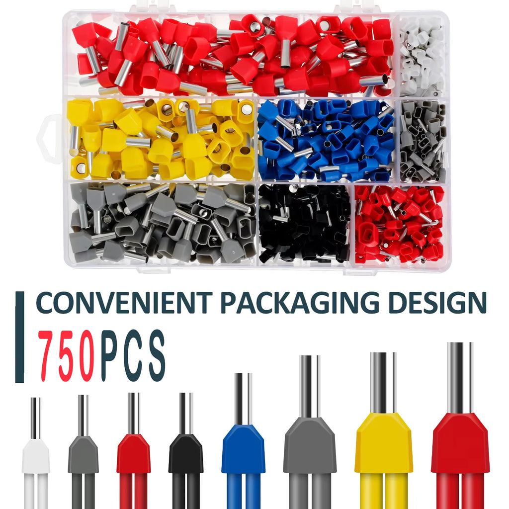 750PCS Double Wire End Ferrules Kit Multipurpose Reliable Twin Wire End Ferrules with Box Easy to Utilize for Cable Connecting Zpaxo