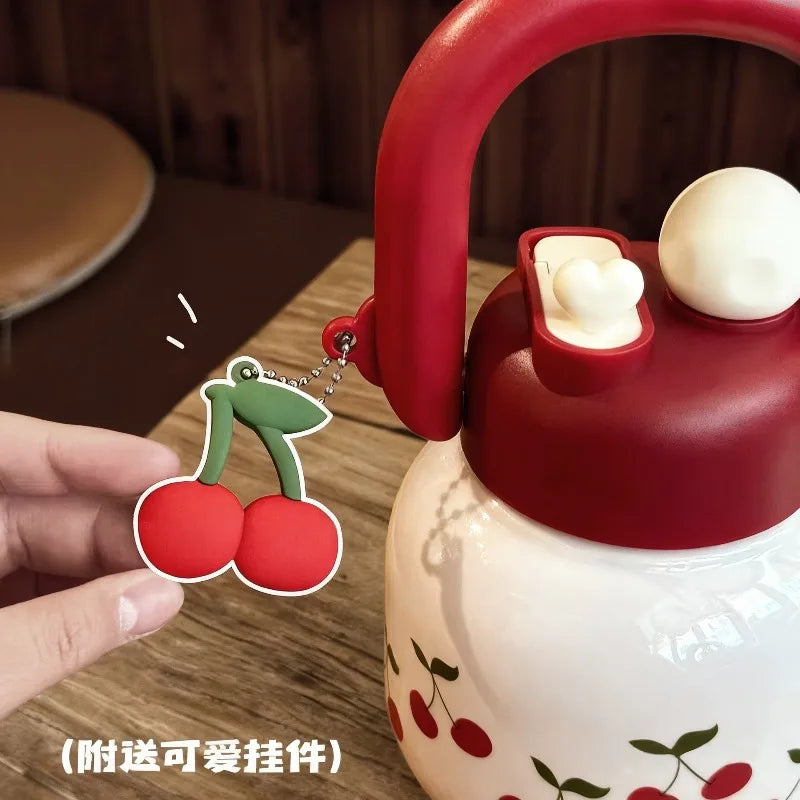 Hot 800ML Cute Cherry Water Bottle with Straw, Portable Large Capacity Home Travel Mug, Ideal Coffee Cup for On-The-Go Hydration Zpaxo
