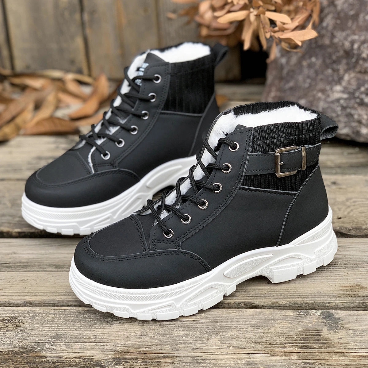 Winter Students Flat Boots Walking Pure Color Lace-up Boots Shoes Casual Sports Shoes Women Warm Boots Mid Heels Shoes Zpaxo black 36