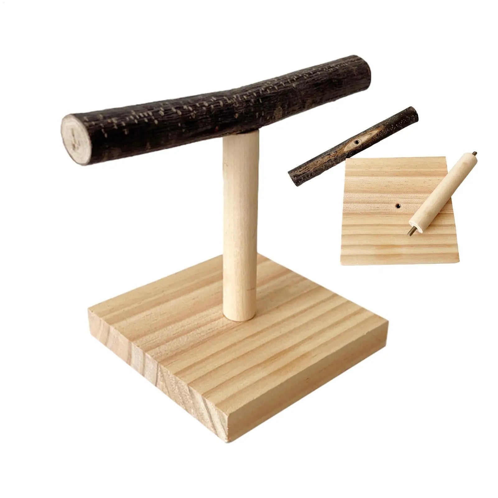 Natural Wood Parrot Perch Stand T Shape Desktop Bird Training Branch