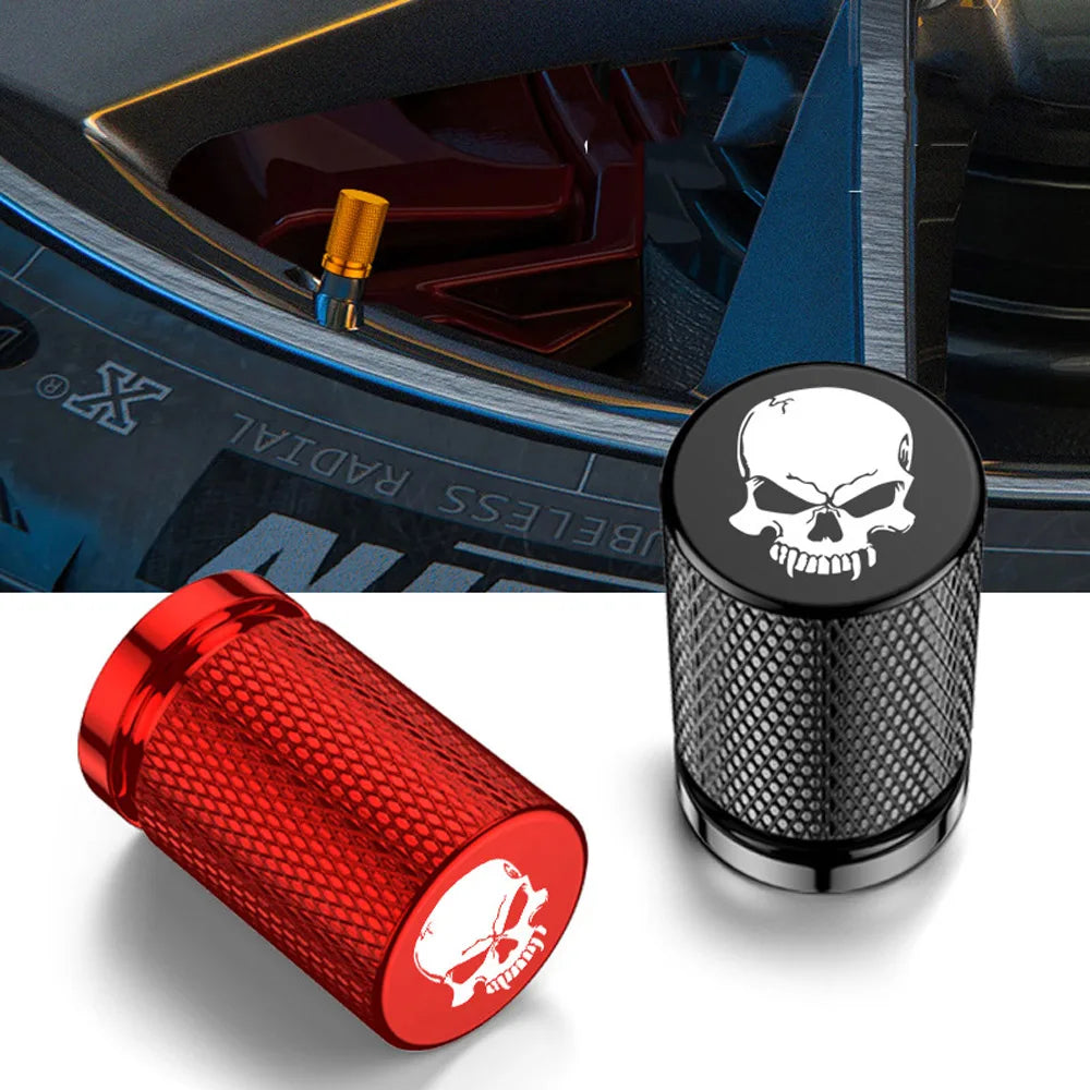 4-Pack Skull Aluminum Tire Valve Stem Caps – Universal Fit