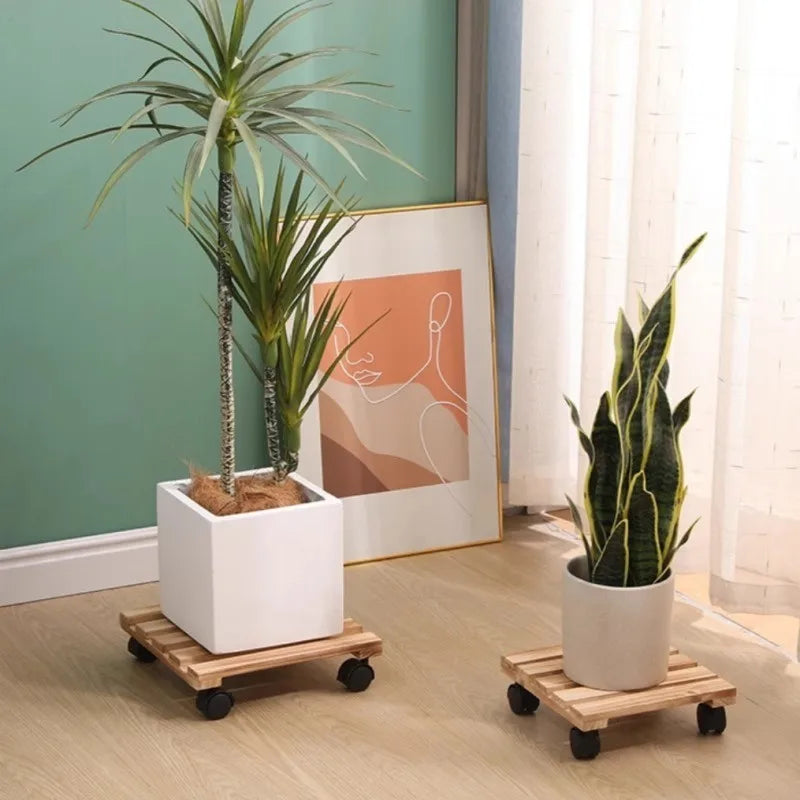 Solid Wood Planter Tray Potted Stand Rack Bonsai Round Wheel
