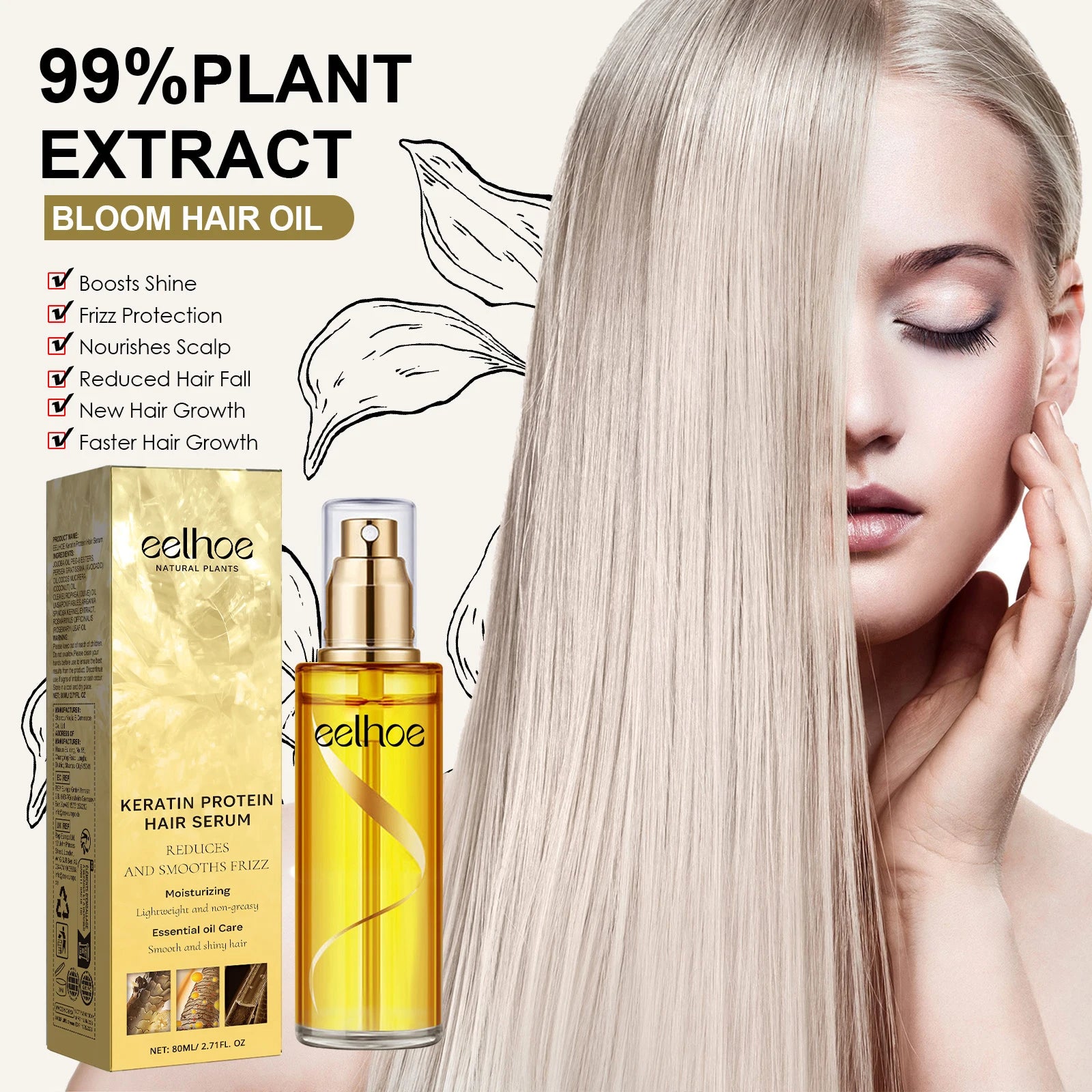 EELHOE Keratin Hair Growth Serum Natural Repair Essence Spray for Dry Curly Hair Hydrate Smooth Frizz Control Growing Hair Care Zpaxo