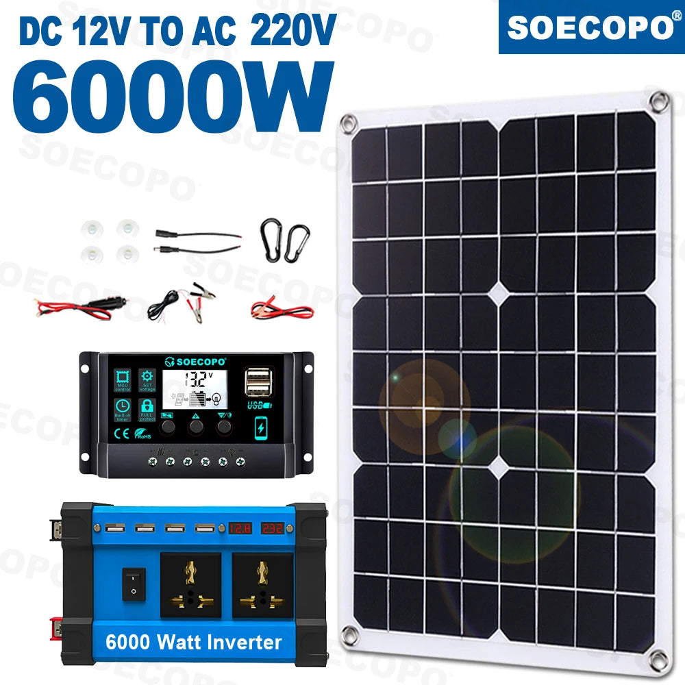 6000W Solar System Complete 12V 110V 220V 100A Controller 500W Panel
