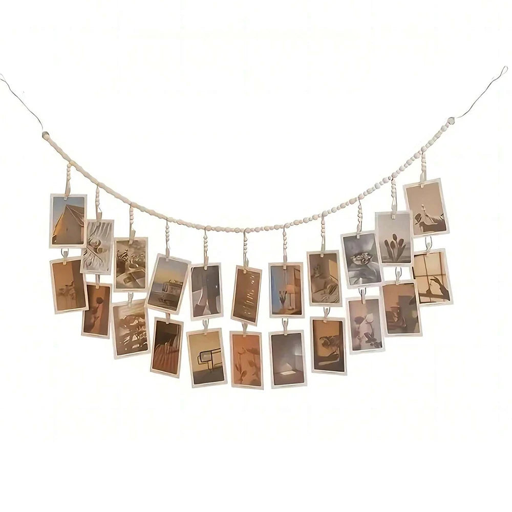 Hanging Photo Display with Wooden Beads Garland 22 Clips Birthday Photo Display Holder Classroom Dorms Bedroom Wall Decor Zpaxo