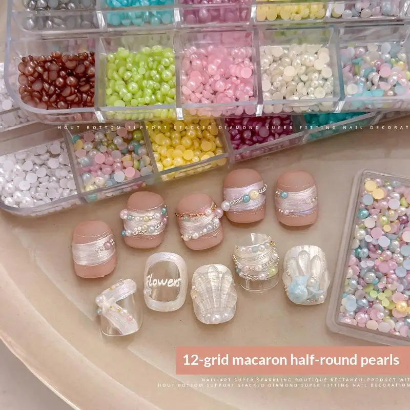 12-Grid 3D Pearl Nail Charms – Colorful Semi-Circle Bead Set