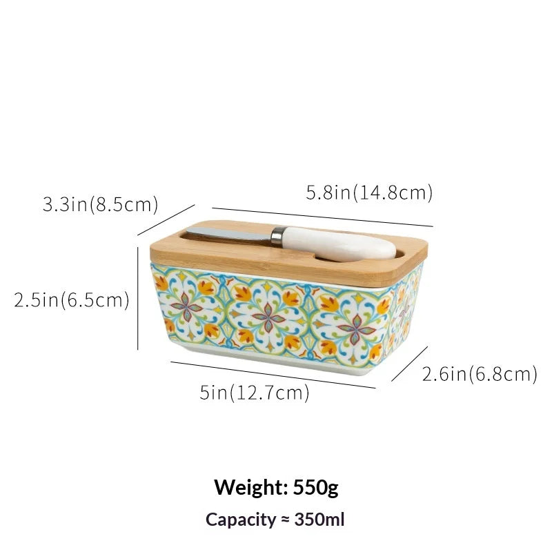 350ML Rural Style Ceramic Butter Box with Knife and Cover, American Household Cross-border Cheese Kitchen Storage Box Zpaxo Flower A