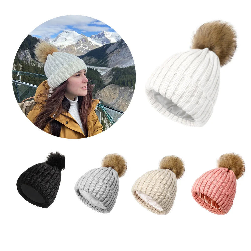 Satin-Lined Knit Beanie | Soft Pom-Pom Winter Hat Unisex