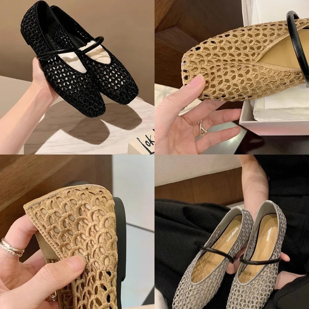 Square Head Hollow Woven Casual Comfortable Women's Flat Shoes Cut-out Mary Jane Single-layer Shoes Fishnet Shoes Zpaxo