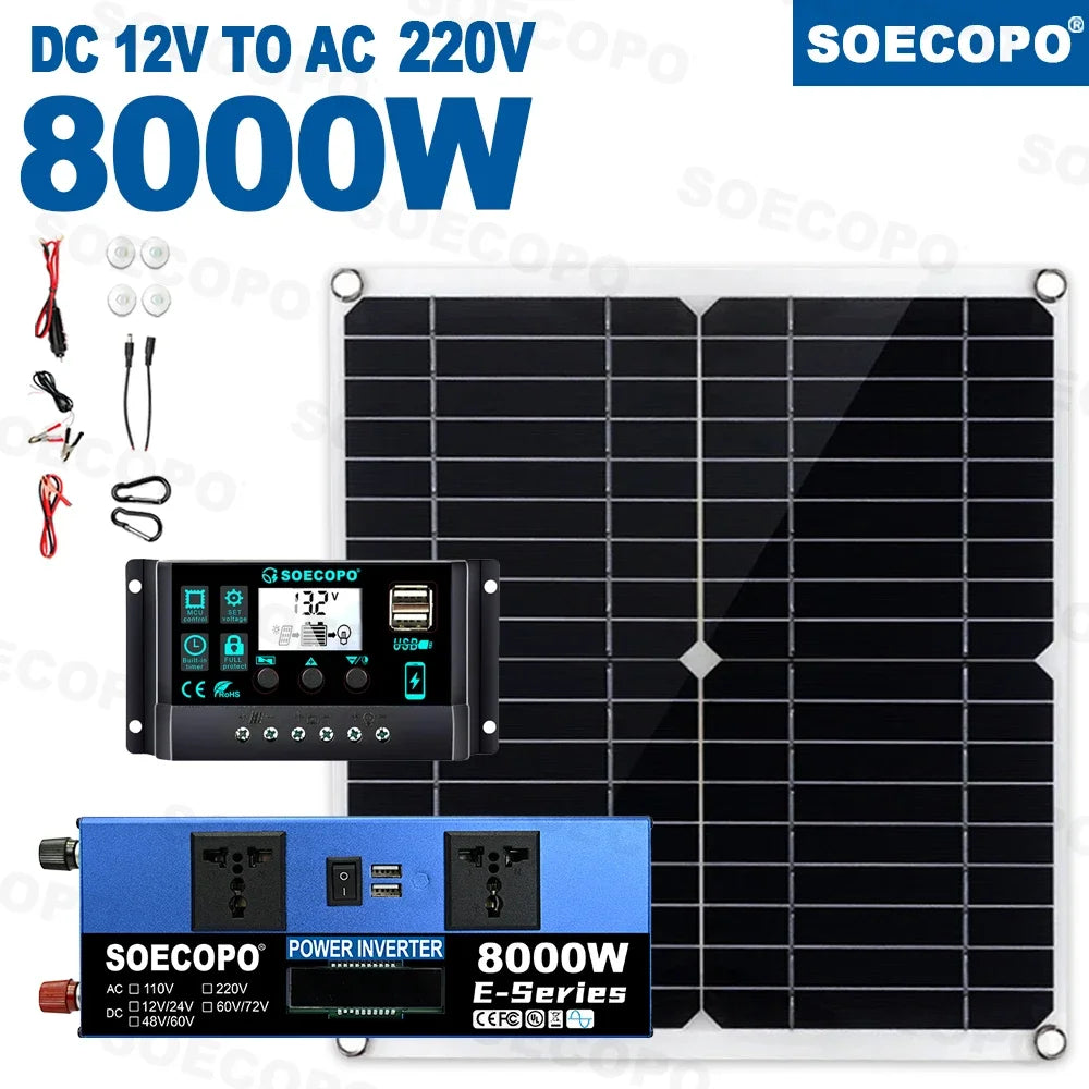 SOECOPO 8000W Solar System DC12V to AC110V/220V 100A MPPT Controller 300W Panel Intelligent Inverter for Home RV Camping CE ROSH Zpaxo Solar Kit 220V