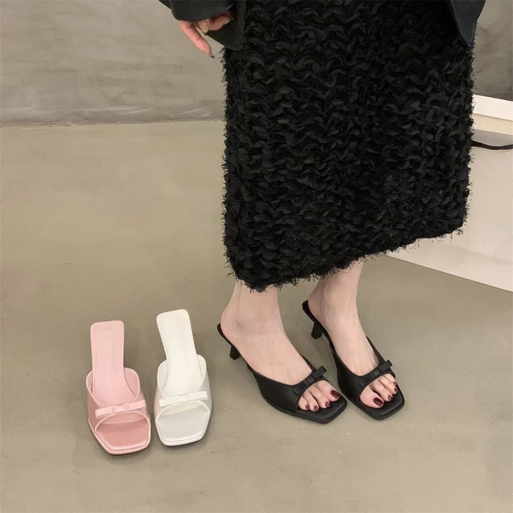New Women's Slipper Mules Low High Heels Shoes Summer Best Street Look Females Square Head Open Toe Bow Strappy Sandals Zpaxo