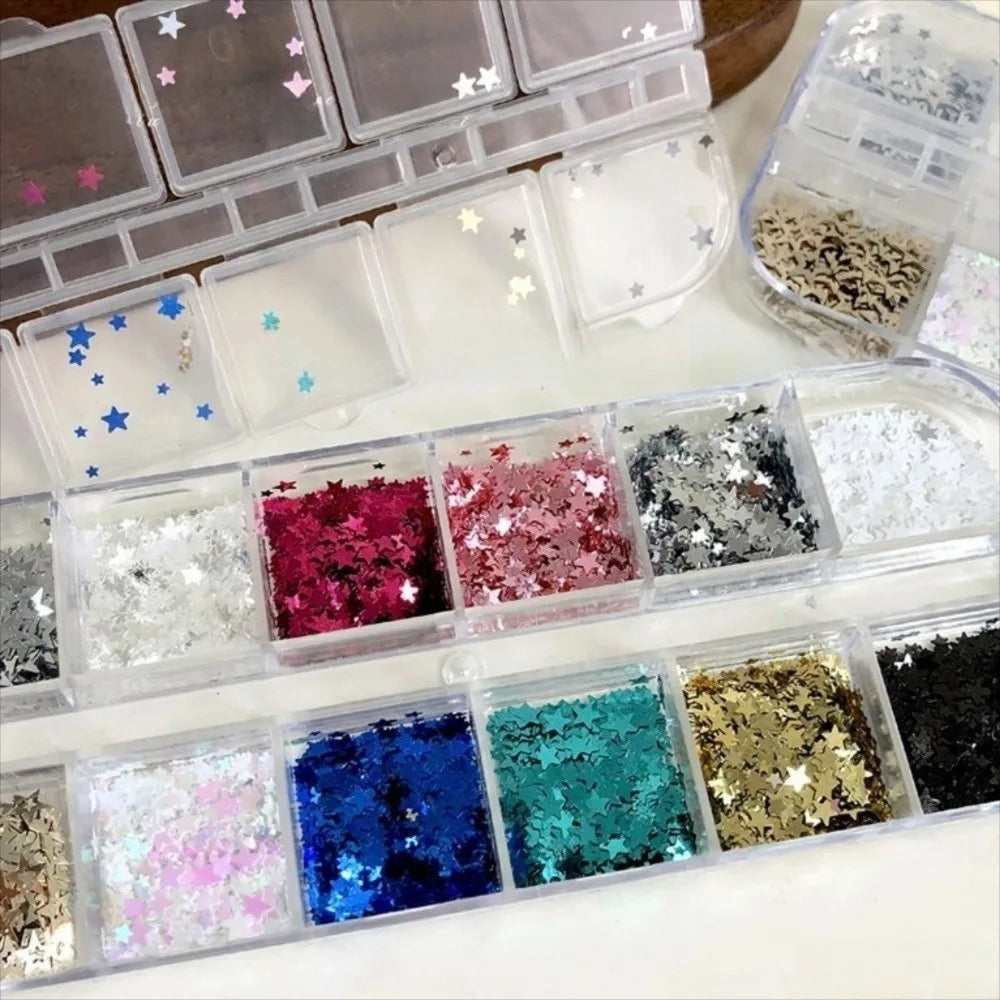 12Grids Box Five-pointed Star Nail Art Charms Sparkling Flakes Mini Zpaxo