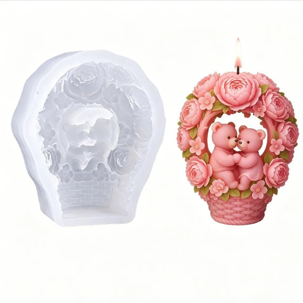 3D Hugging Bears Flower Basket Silicone Mold | Candle & Soap Craft Silicone Mold Zpaxo