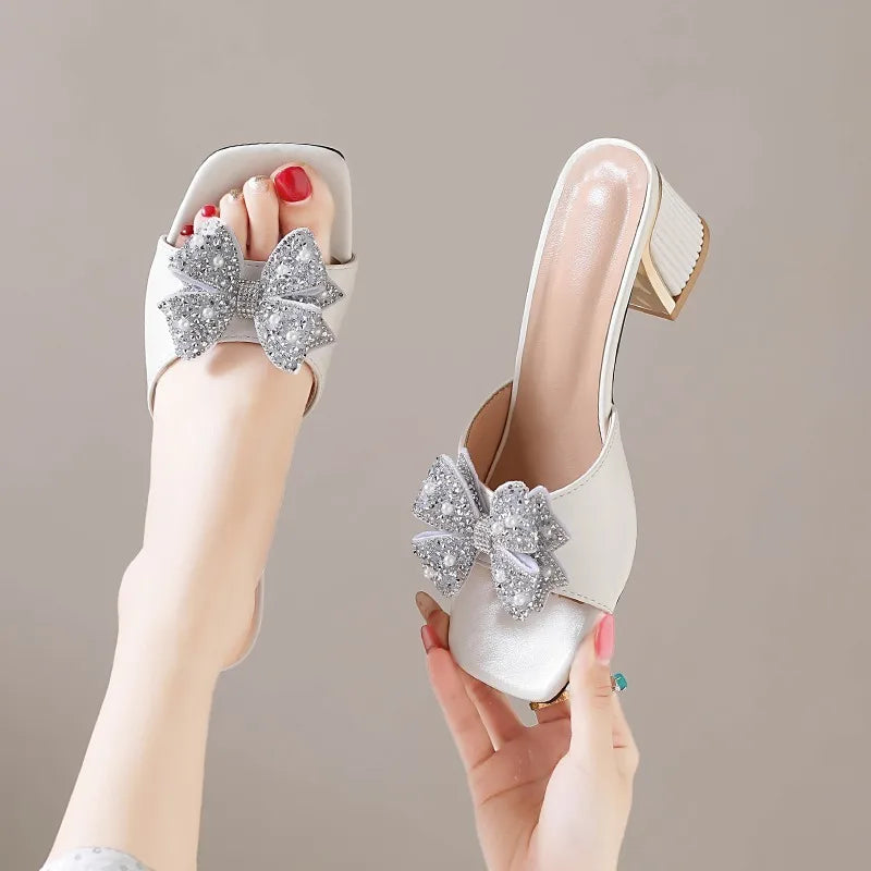 Diamond Rhinestone Flower Women's Heels Slippers Concise Open Toe Zpaxo
