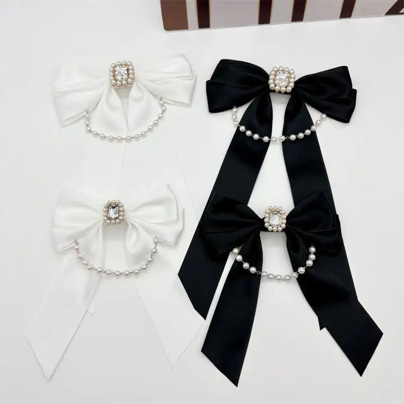 Trendy Women's Shirt Accessory Black White Bow Brooch Pearl Chain Zpaxo