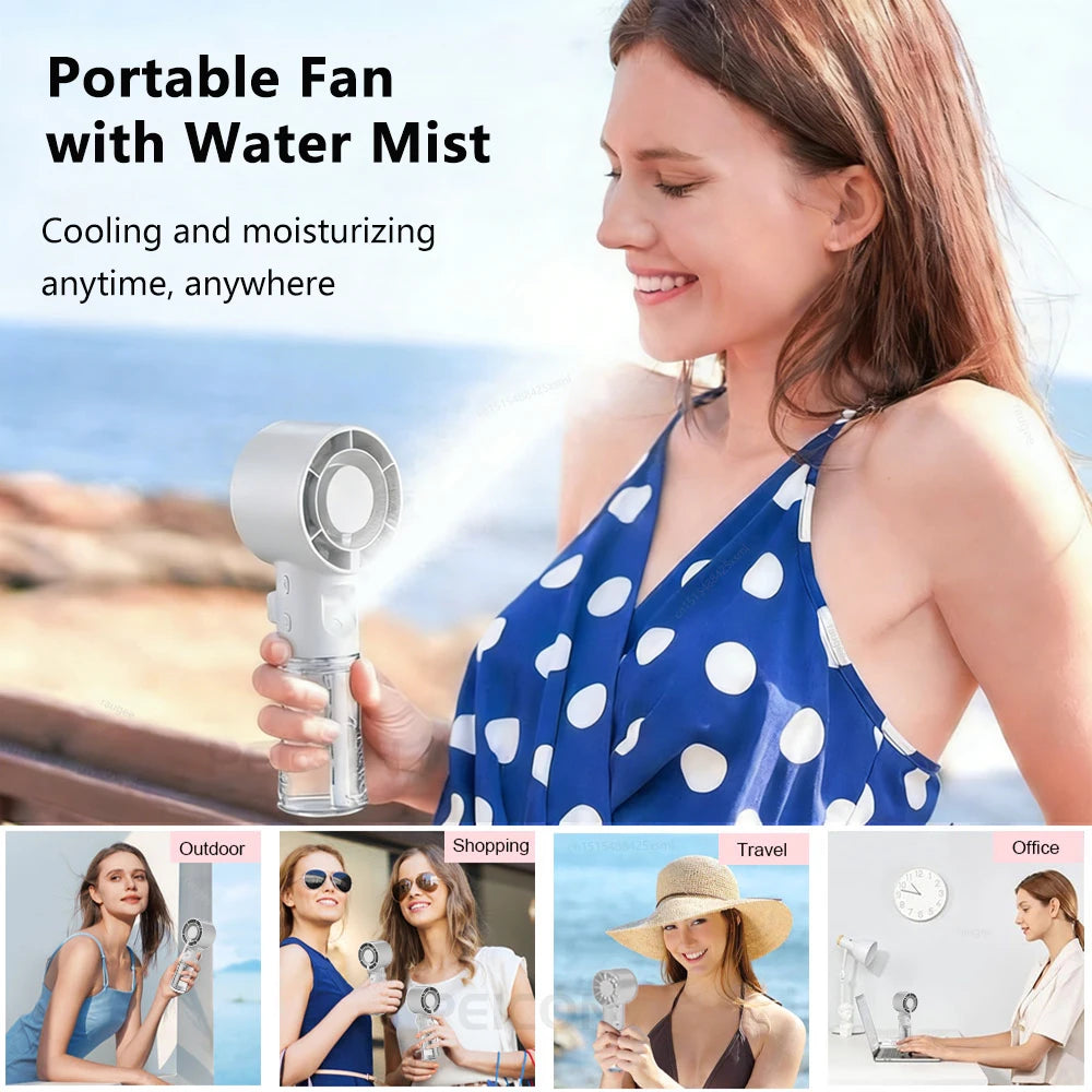 Portable Water Mist Fan Rechargeable Handheld Humidifier 4 Wind Speed