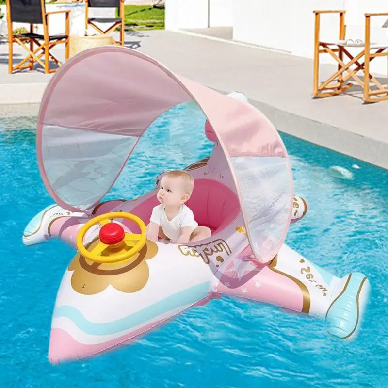 Airplane Float For Baby Airplane Raft Pool Toys With Sunshade Ergonomic Comfortable Swimming Ring Lounger For Family Enjoying Zpaxo