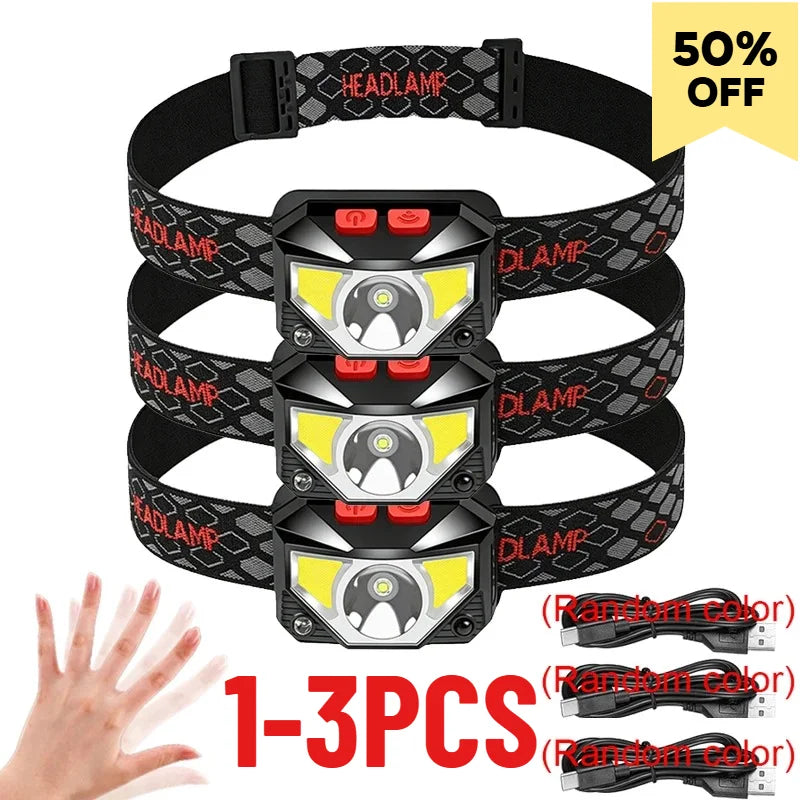 1- Rechargeable LED Headlamp Sensor Headlight COB Beads 8 Lighting Zpaxo