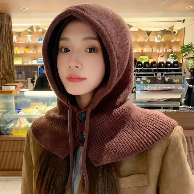 Winter Balaclava Hat Warm Knitted Women's Hood Solid Neck Pullover Zpaxo Coffee