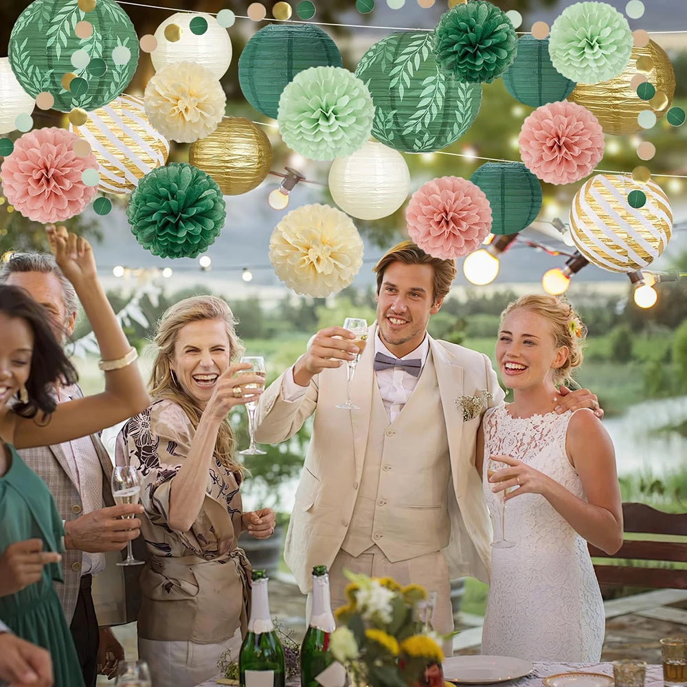 Sage Green Hanging Paper Lantern Tissue Pom Poms Party Decoration