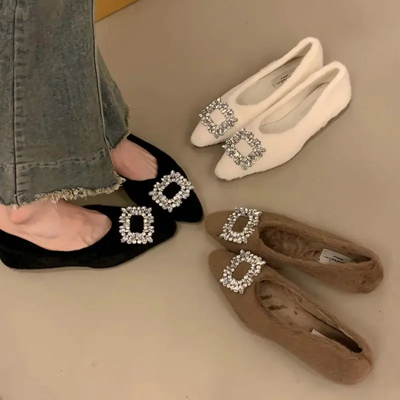 Flat Shoes for Women's Autumn Winter Rhinestone Pointed Toe Hairy Shoes Outerwear Plus Velvet Plus Plus Large Size Cotton Shoes Zpaxo