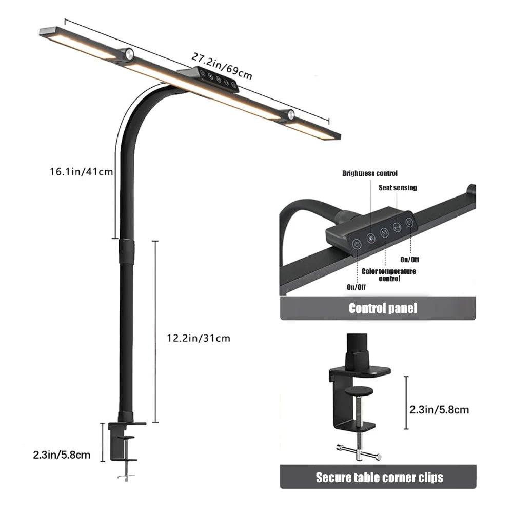 24W Ultra Bright LED Desk Lamp with Clamp 3 Head Automatic Dimming Atmosphere Lighting LED Table Lamps for Office Computer Dest Zpaxo