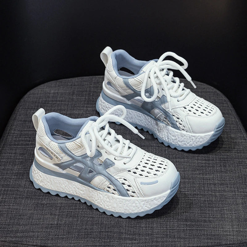 Womens Breathable Mesh Platform Sneakers Hidden Heel Lift Casual Lace Zpaxo