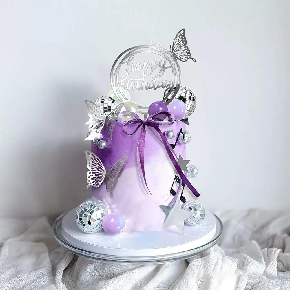 Disco Dance Music Birthd Disco Ball Cake Topper Purple and Transparent Pearl Balls Decorations with Silver Butterfly for 70s 80s Zpaxo