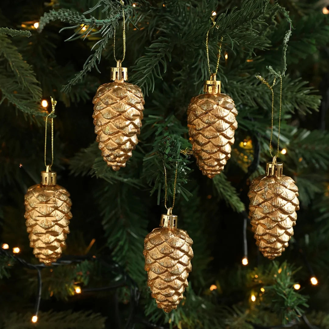 Gold Glitter Pine Cone & Star Christmas Tree Ornaments