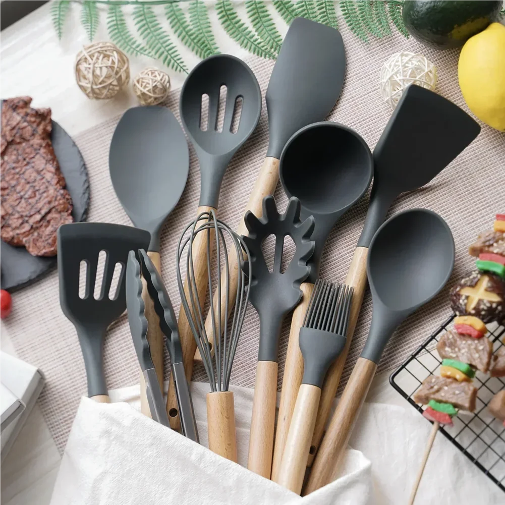 12PCS Silicone Kitchenware Non-Stick Cookware Kitchen Utensils Set Spatula Shovel Egg Beaters Wooden Handle Cooking Tool Set Zpaxo