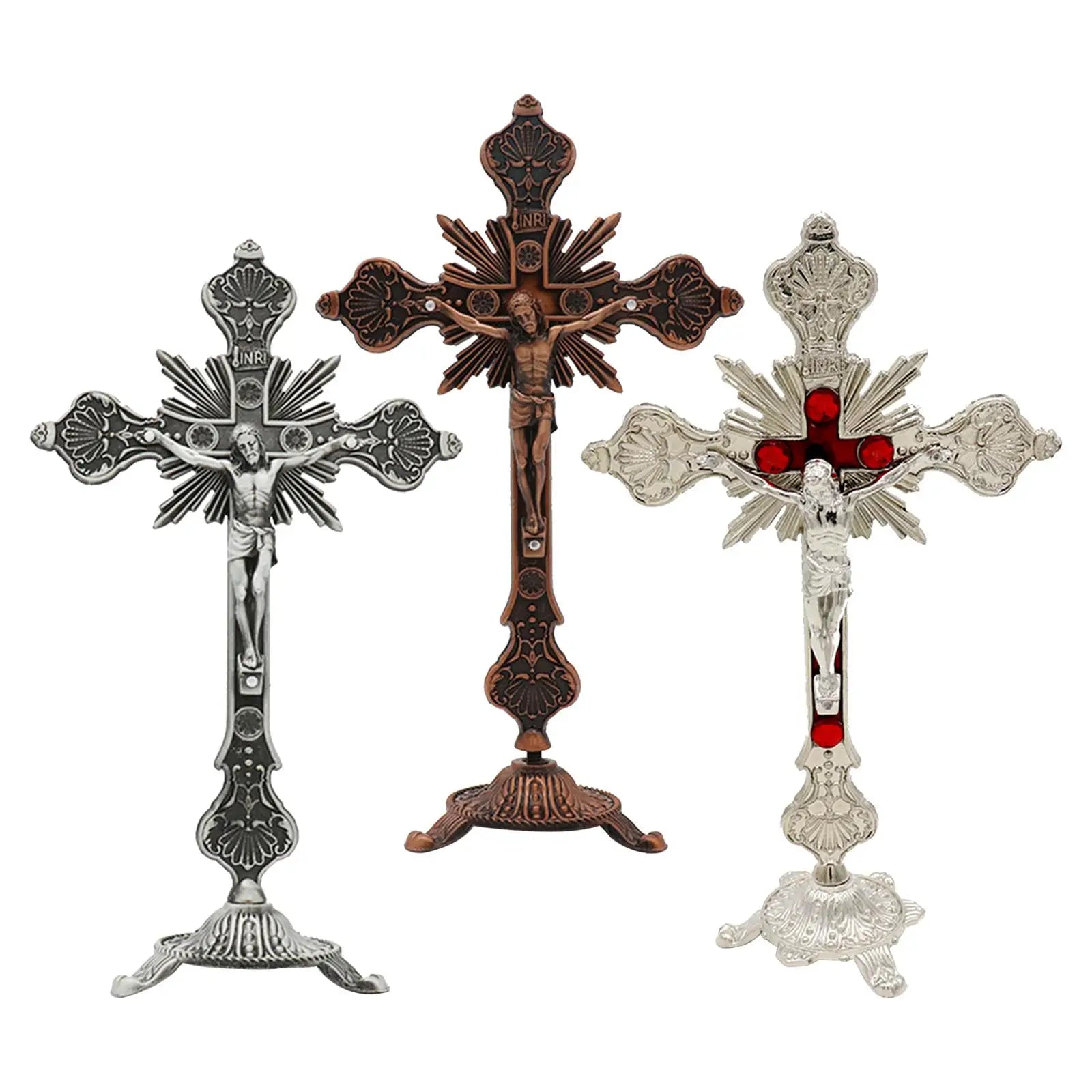 Standing Crucifix 10" Metal Jesus Cross with Tabletop Stand Religious Crucifix Decor Zpaxo