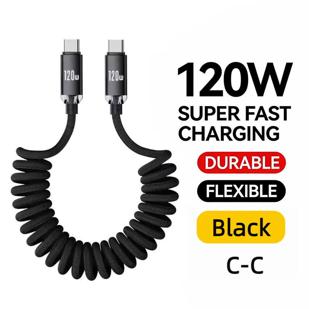120W Retractable USB-C Fast Charging Cable – 1m & 2m USB-C Charging Cable Zpaxo C to C Balck 1m