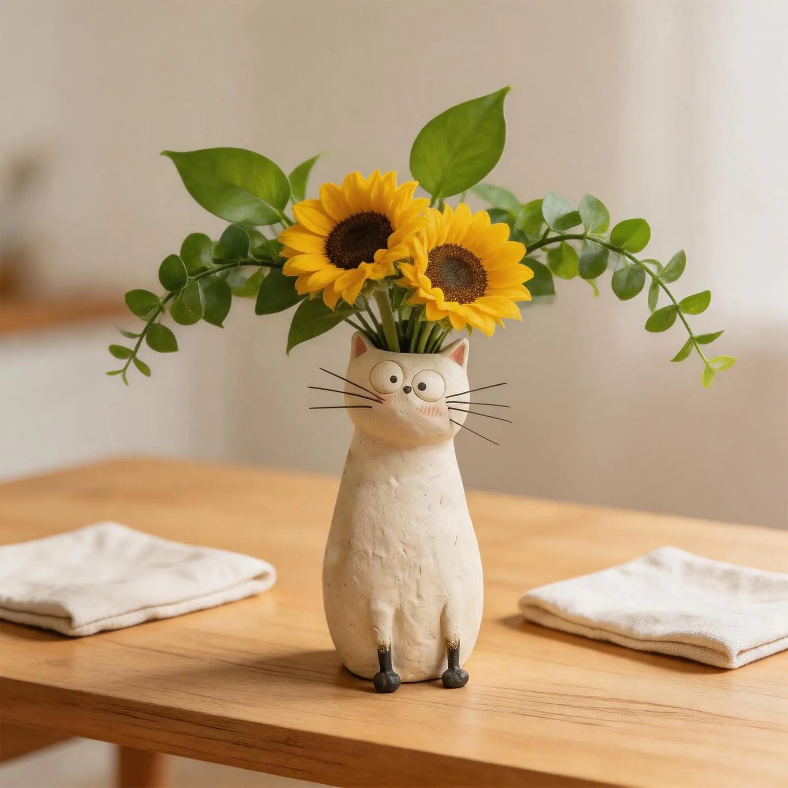 Cat Vase Resin Desk Ornament Whimsical Bookshelf Mantel Entryway