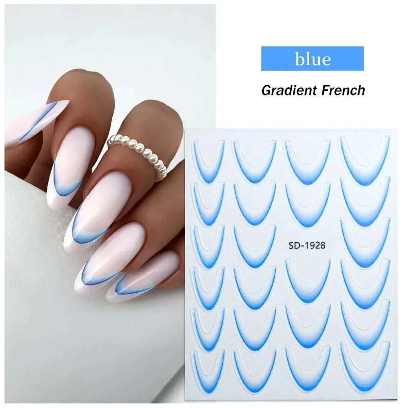 French Gradient Line Nail Art Stickers 3D Self-Adhesive White+Black Slider Design Nail Tip Stencil Manicure Guide DIY Nail Decor Zpaxo 06 Blue
