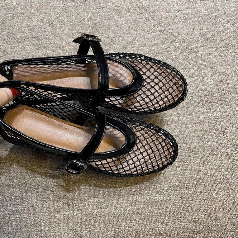 Summer Hollow Mesh Women Ballet Falts Shoes Round Toe Mary Jane