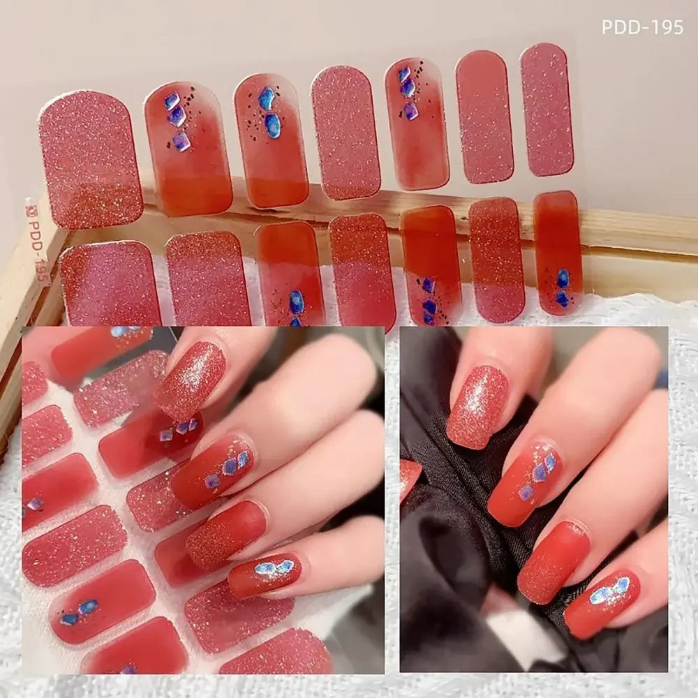 14Strips Gel Nail Stickers Full Cover Floristic Nail Art Stickers Semi Cured Gel Nail Polish Strips DIY Nail Art Making Zpaxo 195