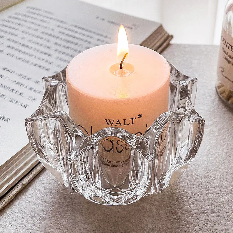 French Flower Mouth Crystal Glass Candle Holder Transparent Romantic